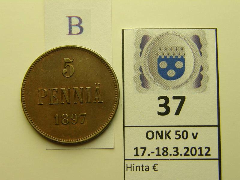 k-0037-b.jpg - Kohde 37 (kuva 2/2), lhthinta: 40 € / myyntihinta: 40 € 5 p 1897 l.puhd, arvop. pistemistt epij, kunto: 7