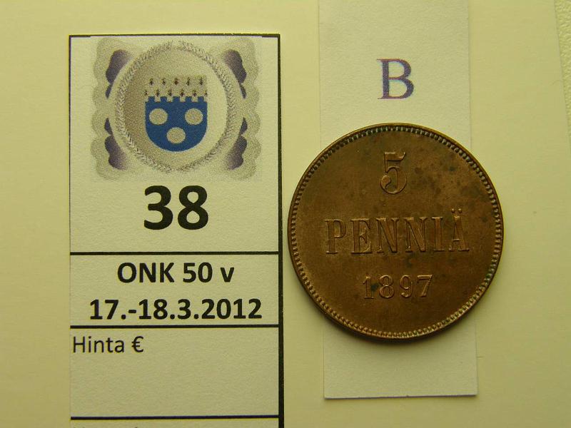 k-0038-b.jpg - Kohde 38 (kuva 2/2), lhthinta: 70 € 5 p 1897 arvop. hpja puhd, laikukas, vaakunapp norm. leimakiiltoa, kunto: 7