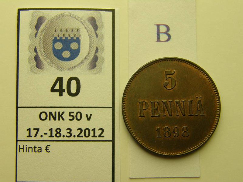 k-0040-b.jpg - Kohde 40 (kuva 2/2), lhthinta: 80 € / myyntihinta: 130 € 5 p 1898 vuosiluvun kaksi viim. nroa selvsti muita alempana, leimakiiltoa, kunto: 8