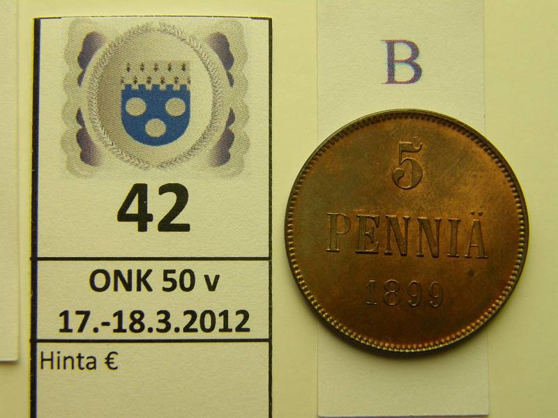 k-0042-b.jpg - Kohde 42 (kuva 2/2), lhthinta: 250 € / myyntihinta: 250 € 5 p 1899 leimakiiltoa, terv lynti, patinaa, kaunis!, kunto: 8