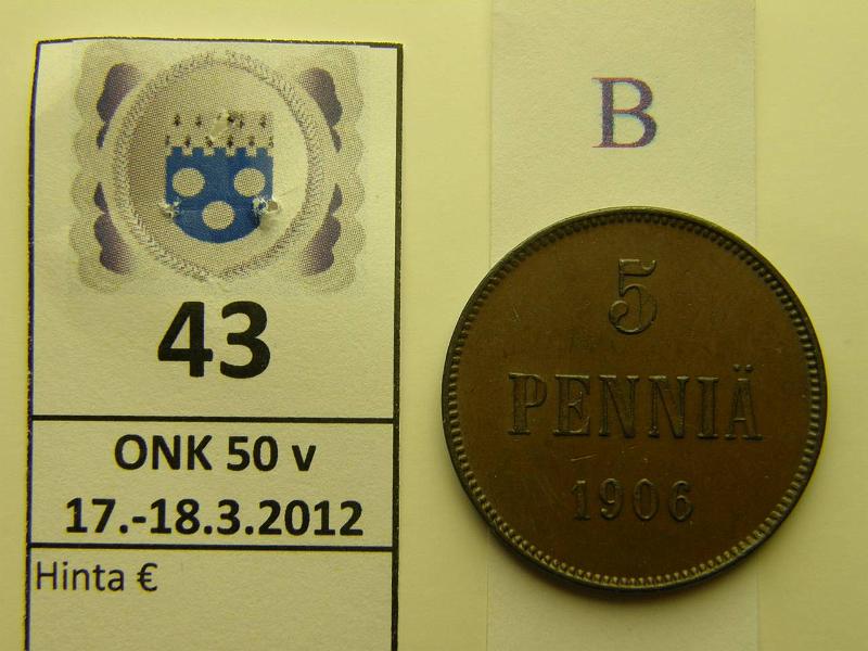 k-0043-b.jpg - Kohde 43 (kuva 2/2), lhthinta: 5 € / myyntihinta: 5 € 5 p 1906 , kunto: 7/6