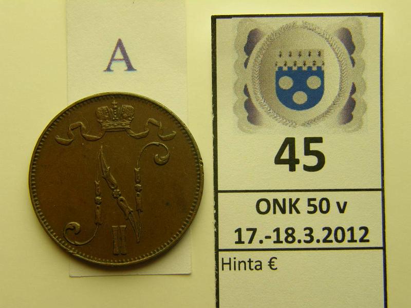 k-0045-a.jpg - Kohde 45 (kuva 1/2), lhthinta: 75 € / myyntihinta: 75 € 5 p 1910 hyv tlle v:lle, eprv, kunto: 6