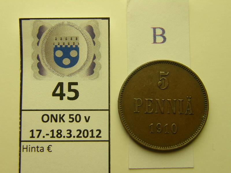 k-0045-b.jpg - Kohde 45 (kuva 2/2), lhthinta: 75 € / myyntihinta: 75 € 5 p 1910 hyv tlle v:lle, eprv, kunto: 6