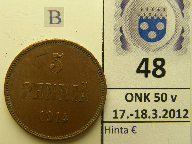 k-0048-b.jpg - Kohde 48 (kuva 2/2), lhthinta: 5 € 5 p 1914 likaa, hivhdys leimakiiltoa, naarmu, kunto: 6