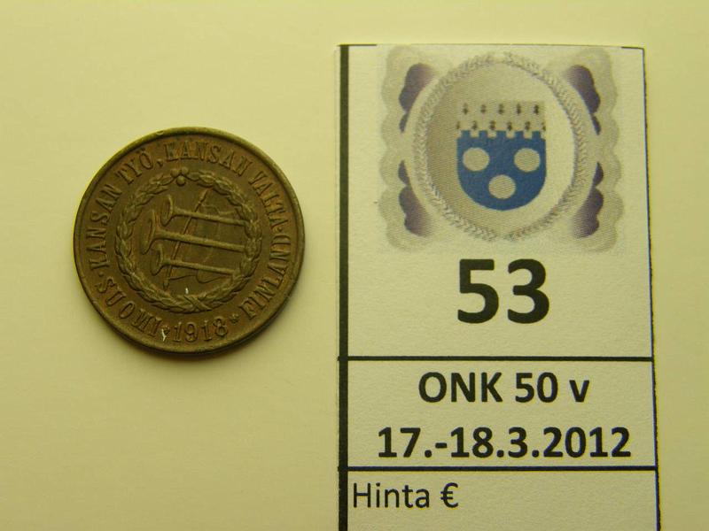 k-0053-a.jpg - Kohde 53, lhthinta: 60 € / myyntihinta: 88 € 5 p 1918 KV I SNY 94.1 kaunis, pilkahdus leimakiiltoa, kunto: 7