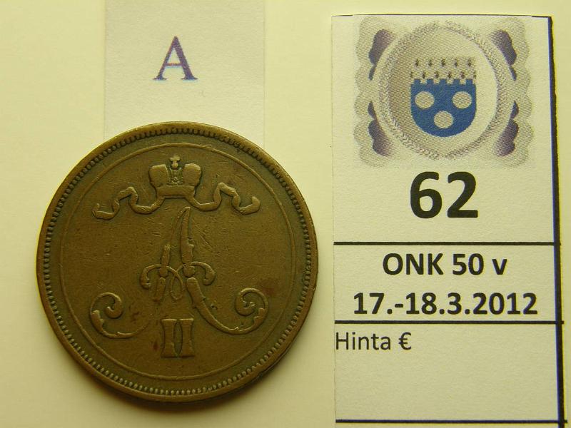 k-0062-a.jpg - Kohde 62 (kuva 1/2), lhthinta: 10 € / myyntihinta: 34 € 10 p 1876 SNY 148.2 selvsti pieni 6, kunto: 2