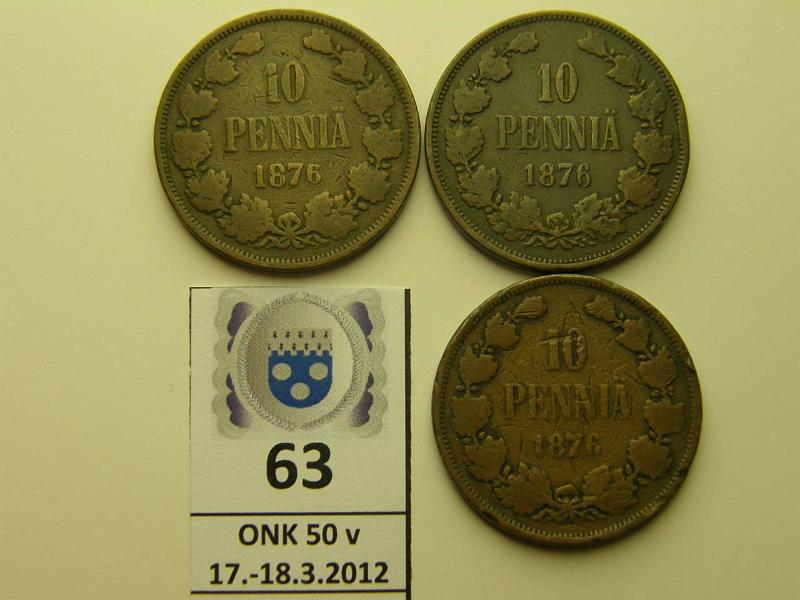 k-0063-a.jpg - Kohde 63, lhthinta: 55 € 10 p 1876 (3) SNY 148.1, 148.2 rvja, kahdessa tavallinen 6, yhdess selvsti pieni 6, kunto: 1-3