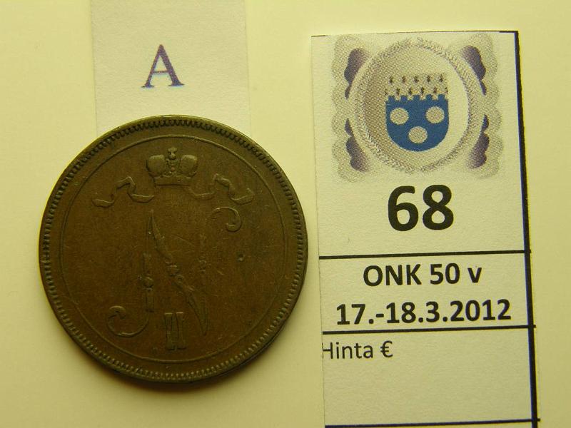 k-0068-a.jpg - Kohde 68 (kuva 1/2), lhthinta: 10 € / myyntihinta: 10 € 10 p 1896 SNY 153.2 (9 oikaistu, 6 vinossa), kunto: 3/4