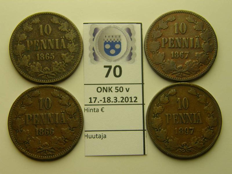 k-0070-a.jpg - Kohde 70, lhthinta: 10 € 10 p Er (4) 1865, 66, 67, 97, osassa rvja, kunto: 1-3