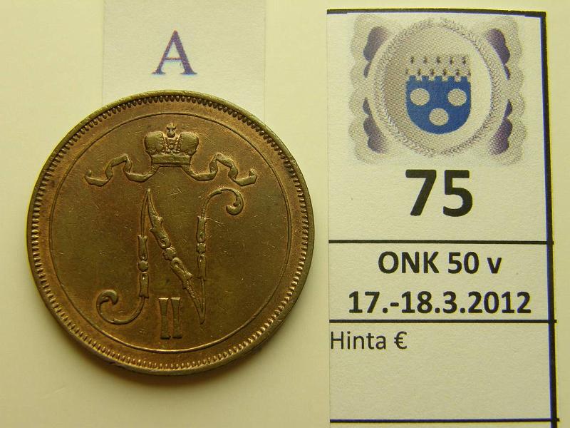 k-0075-a.jpg - Kohde 75 (kuva 1/2), lhthinta: 10 € / myyntihinta: 26 € 10 p 1908 l.puhd, lyty kuluneella meistill? leimakiiltoakin, kunto: 5/6