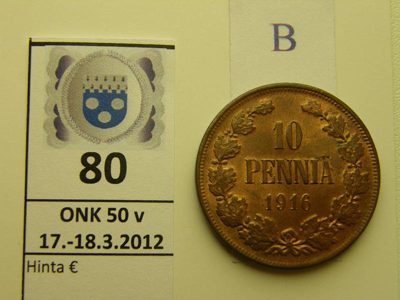 k-0080-b.jpg - Kohde 80 (kuva 2/2), lhthinta: 5 € 10 p 1916 leimakiiltoa, lyty kuluneella meistill, kunto: 8