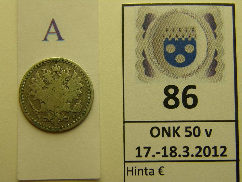 k-0086-a.jpg - Kohde 86 (kuva 1/2), lhthinta: 10 € / myyntihinta: 10 € 25 p 1866 Ag, SNY 266.1.1, kunto: 2/3