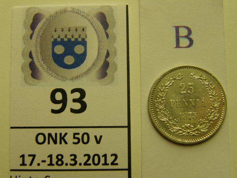 k-0093-b.jpg - Kohde 93 (kuva 2/2), lhthinta: 200 € / myyntihinta: 460 € 25 p 1875 Ag, SNY 273.1 arvop. erit. kaunis, kunto: 8