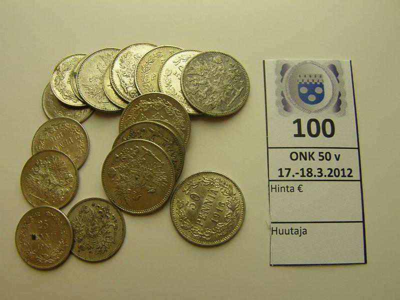 k-0100-a.jpg - Kohde 100, lhthinta: 10 € / myyntihinta: 16 €  Er 25+50p (18) Ag, 25p 1915(2), 16(7), 50p 1916(2), 17II(7), parissa vikoja, kunto: 6-8