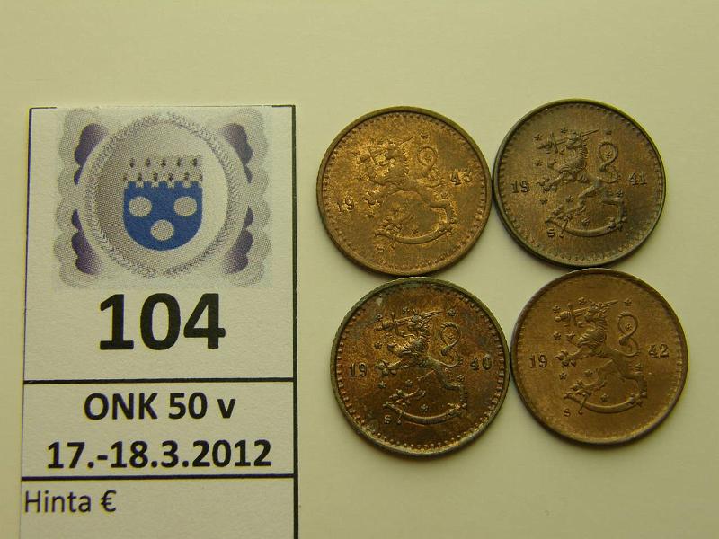 k-0104-a.jpg - Kohde 104, lhthinta: 15 € / myyntihinta: 17 € 25 p Er (4) Cu, 1940(kl9), 41, 42, 43, kunto: 7-9