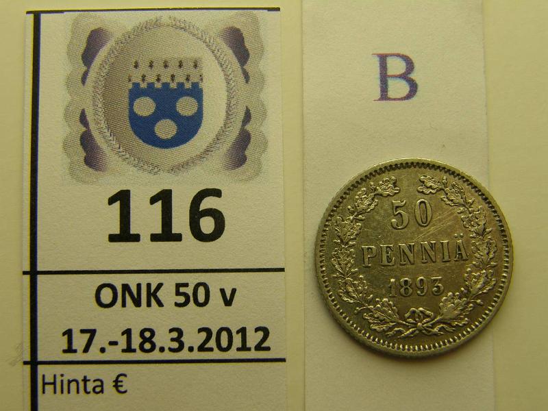 k-0116-b.jpg - Kohde 116 (kuva 2/2), lhthinta: 35 € 50 p 1893 Ag, SNY 328.2 hnja, leimakiiltoa, kunto: 7