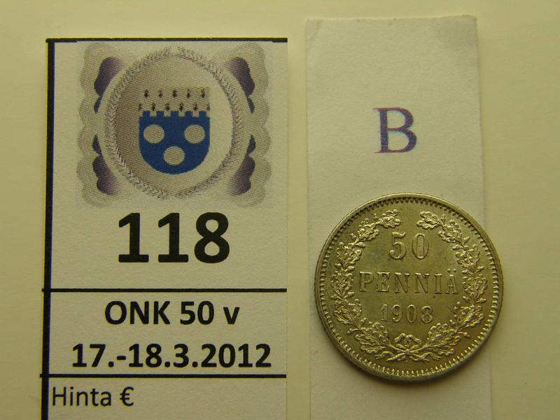 k-0118-b.jpg - Kohde 118 (kuva 2/2), lhthinta: 5 € / myyntihinta: 85 € 50 p 1908 Ag, erit. kaunis, kunto: 8/9