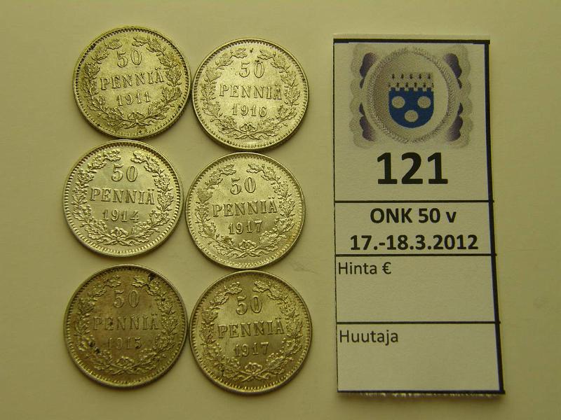 k-0121-a.jpg - Kohde 121, lhthinta: 5 € / myyntihinta: 10 € 50 p Er (6) Ag, 1911, 14, 15, 16, 17I, 17II, leimakiiltoa, osassa hpja, kunto: 7-9