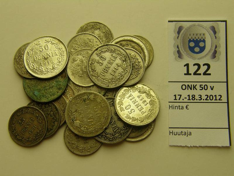 k-0122-a.jpg - Kohde 122, lhthinta: 7 € / myyntihinta: 21 €  Er 25+50p (25) Ag, 25p 1894, 1901(6), 09(5), 13, 15(2), 16, 17II; 50p 1874 (riippunut), 92, 1911, 14, 16(3), 17I, alkup. n. kl3-4, loppup. kl7-9, kunto: 2-9