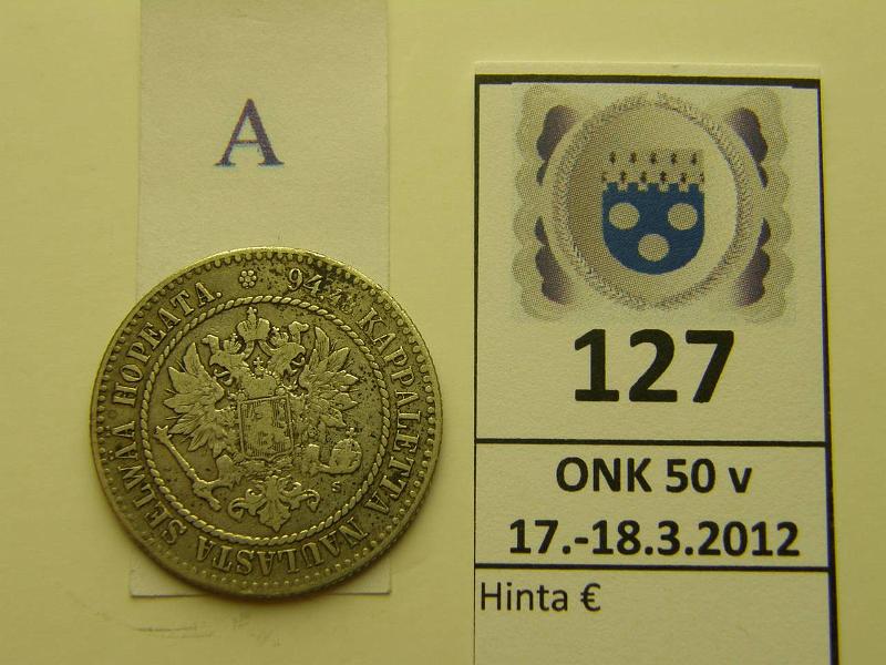 k-0127-a.jpg - Kohde 127 (kuva 1/2), lhthinta: 100 € / myyntihinta: 180 € 1 mk 1864 Ag, SNY 397.2, kunto: 4