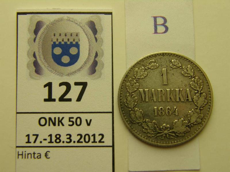 k-0127-b.jpg - Kohde 127 (kuva 2/2), lhthinta: 100 € / myyntihinta: 180 € 1 mk 1864 Ag, SNY 397.2, kunto: 4