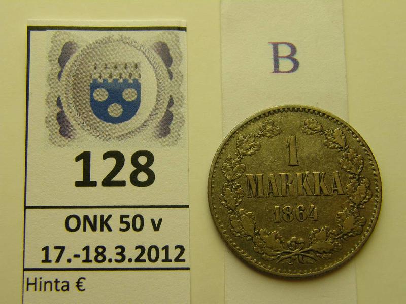 k-0128-b.jpg - Kohde 128 (kuva 2/2), lhthinta: 110 € / myyntihinta: 185 € 1 mk 1864 Ag, SNY 397.2, kunto: 4/5