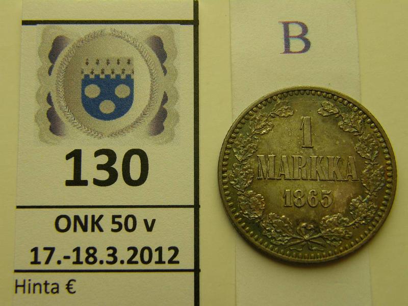 k-0130-b.jpg - Kohde 130 (kuva 2/2), lhthinta: 50 € / myyntihinta: 57 € 1 mk 1865 Ag, SNY 398.2.2 kaunis sateenkaaripatina, leimakiiltoa, kunto: 7