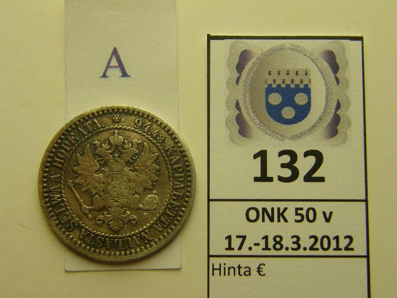 k-0132-a.jpg - Kohde 132 (kuva 1/2), lhthinta: 7 € / myyntihinta: 9 € 1 mk 1866 Ag, SNY 399.2.2, kunto: 3/4