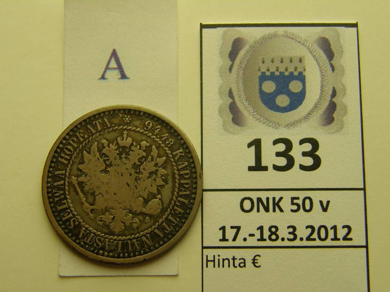 k-0133-a.jpg - Kohde 133 (kuva 1/2), lhthinta: 7 € / myyntihinta: 7 € 1 mk 1866 Ag, SNY 399.2.2, kunto: 2/3