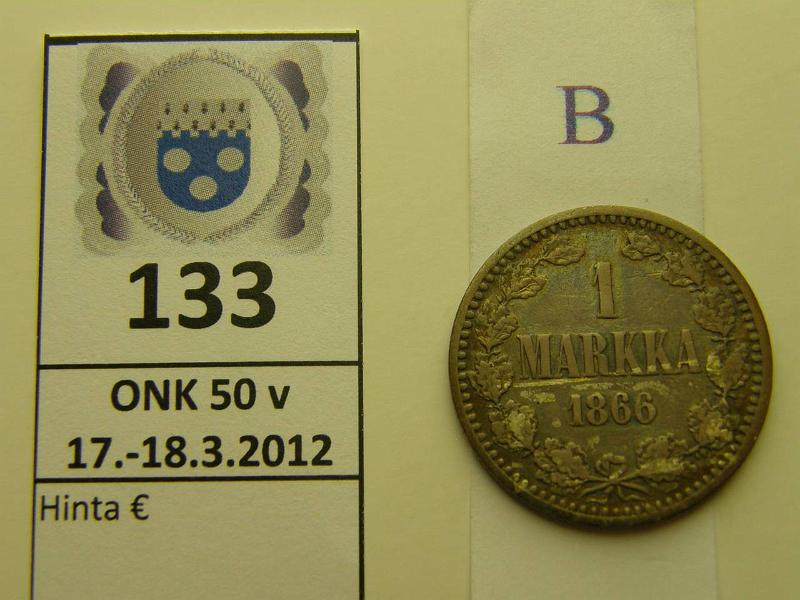 k-0133-b.jpg - Kohde 133 (kuva 2/2), lhthinta: 7 € / myyntihinta: 7 € 1 mk 1866 Ag, SNY 399.2.2, kunto: 2/3