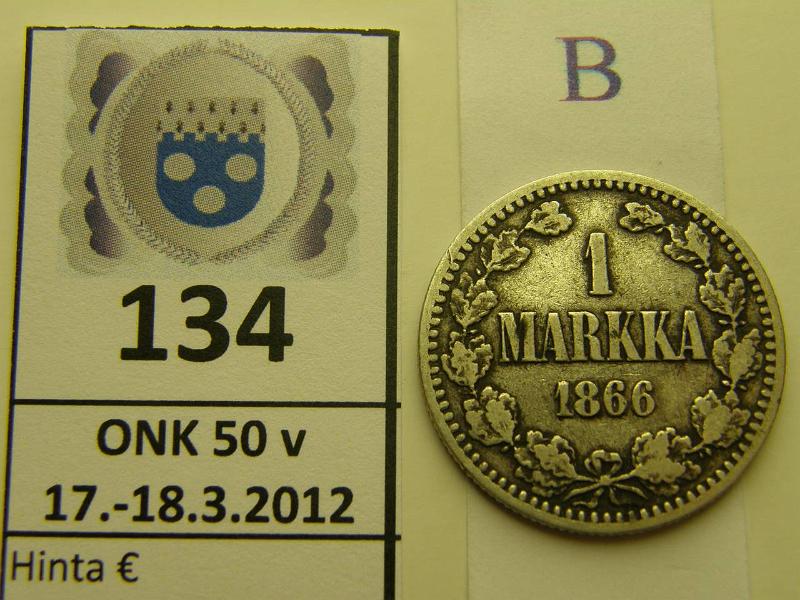 k-0134-b.jpg - Kohde 134 (kuva 2/3), lhthinta: 7 € / myyntihinta: 7 € 1 mk 1866 Ag, SNY 399.2.2 viim. 6 uudelleenkaiv. - oikaistu?, kunto: 3