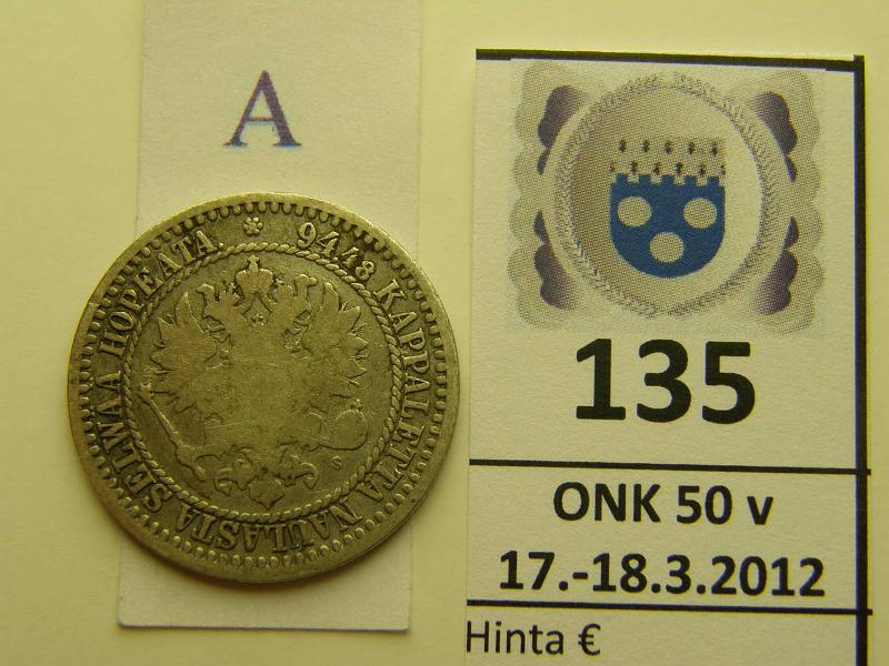 k-0135-a.jpg - Kohde 135 (kuva 1/2), lhthinta: 20 € / myyntihinta: 20 € 1 mk 1867 Ag, SNY 400.1, kunto: 2