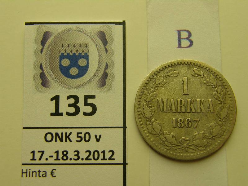 k-0135-b.jpg - Kohde 135 (kuva 2/2), lhthinta: 20 € / myyntihinta: 20 € 1 mk 1867 Ag, SNY 400.1, kunto: 2