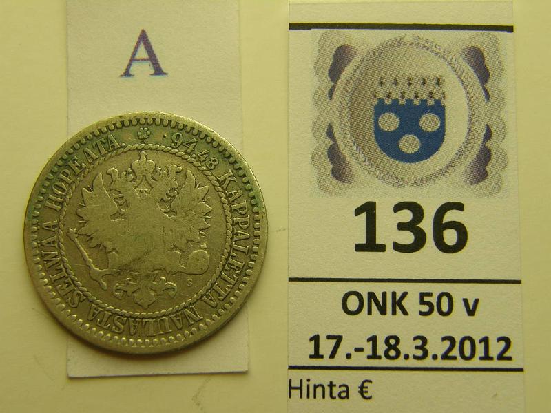 k-0136-a.jpg - Kohde 136 (kuva 1/2), lhthinta: 28 € / myyntihinta: 28 € 1 mk 1867 Ag, SNY 400.1 puhd, kunto: 2