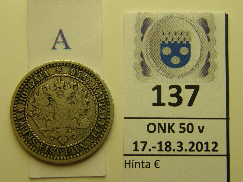 k-0137-a.jpg - Kohde 137 (kuva 1/2), lhthinta: 28 € / myyntihinta: 28 € 1 mk 1867 Ag, SNY 400.1, kunto: 2/3