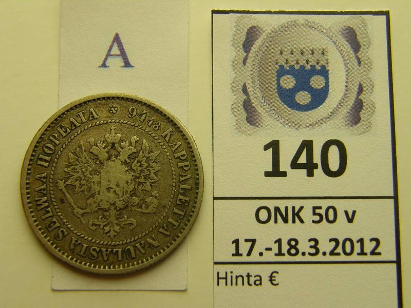 k-0140-a.jpg - Kohde 140 (kuva 1/2), lhthinta: 10 € / myyntihinta: 21 € 1 mk 1872 Ag, SNY 402.1, kunto: 3/4