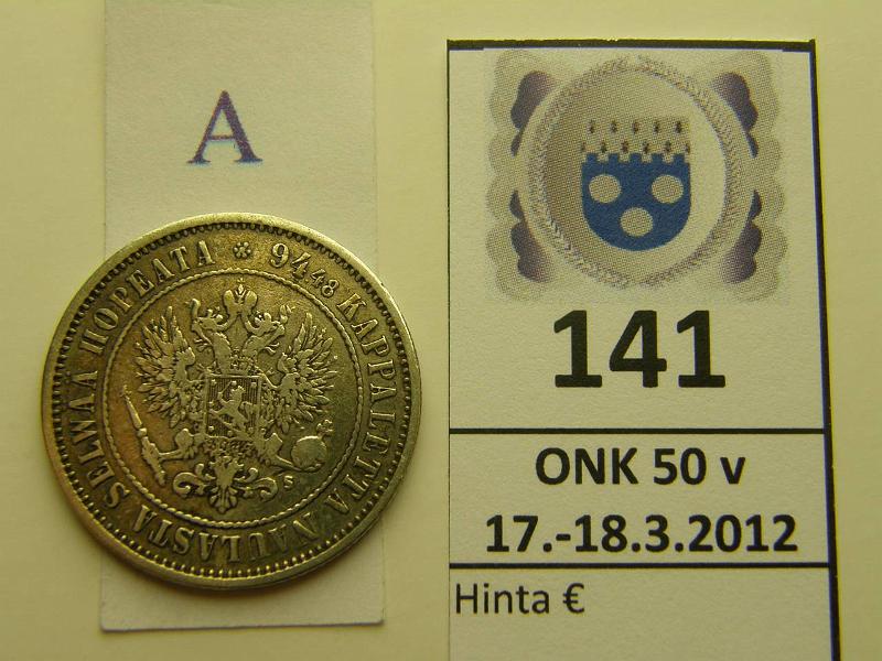 k-0141-a.jpg - Kohde 141 (kuva 1/2), lhthinta: 7 € / myyntihinta: 8 € 1 mk 1874 Ag, kunto: 3