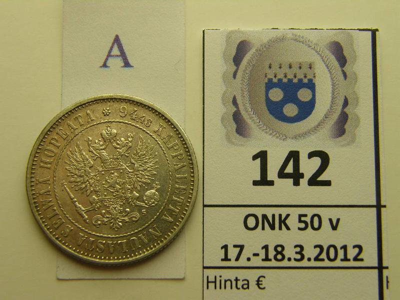 k-0142-a.jpg - Kohde 142 (kuva 1/2), lhthinta: 10 € / myyntihinta: 16 € 1 mk 1874 Ag, kunto: 6