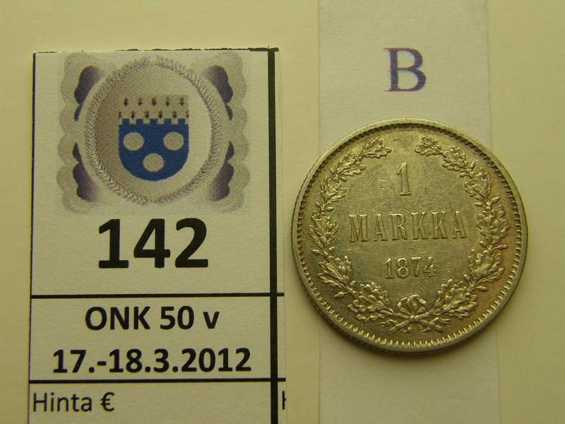 k-0142-b.jpg - Kohde 142 (kuva 2/2), lhthinta: 10 € / myyntihinta: 16 € 1 mk 1874 Ag, kunto: 6