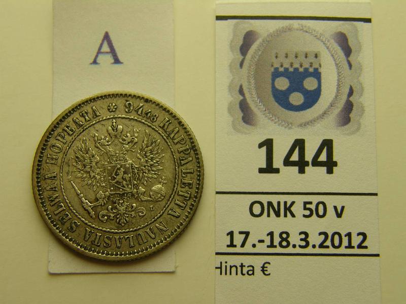 k-0144-a.jpg - Kohde 144 (kuva 1/2), lhthinta: 7 € / myyntihinta: 7 € 1 mk 1890 Ag, kunto: 5