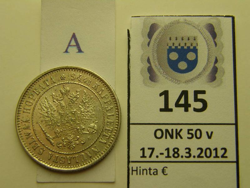 k-0145-a.jpg - Kohde 145 (kuva 1/2), lhthinta: 75 € / myyntihinta: 86 € 1 mk 1890 Ag, leimakiiltoa, kunto: 8