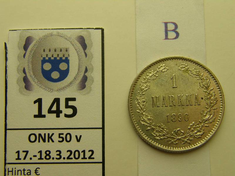 k-0145-b.jpg - Kohde 145 (kuva 2/2), lhthinta: 75 € / myyntihinta: 86 € 1 mk 1890 Ag, leimakiiltoa, kunto: 8