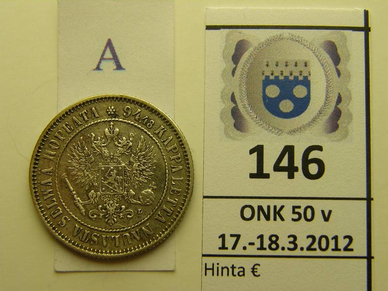 k-0146-a.jpg - Kohde 146 (kuva 1/2), lhthinta: 7 € / myyntihinta: 11 € 1 mk 1892 Ag, kunto: 5