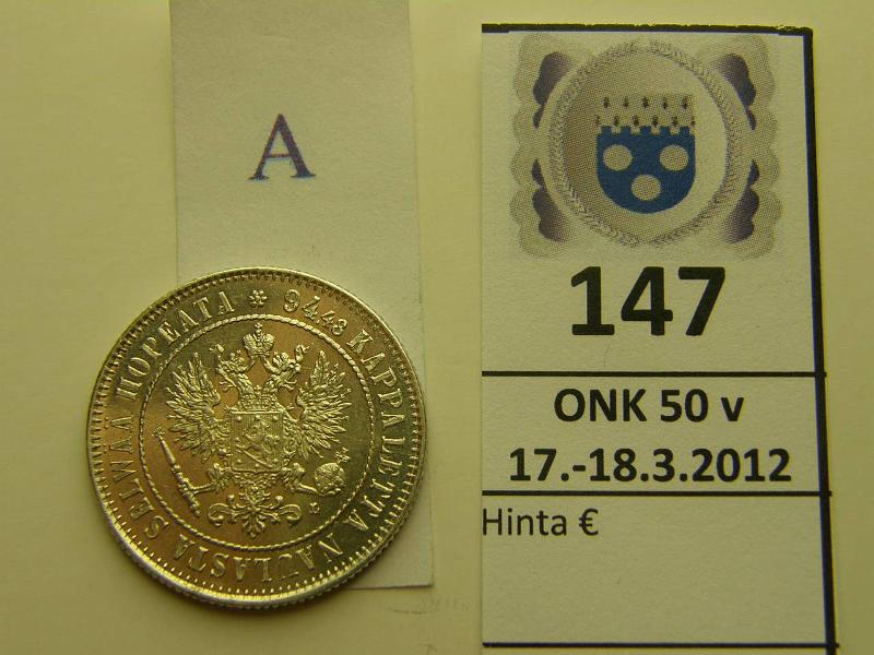 k-0147-a.jpg - Kohde 147 (kuva 1/2), lhthinta: 75 € / myyntihinta: 150 € 1 mk 1892 Ag, leimakiiltoa, kaunis!, kunto: 9/8