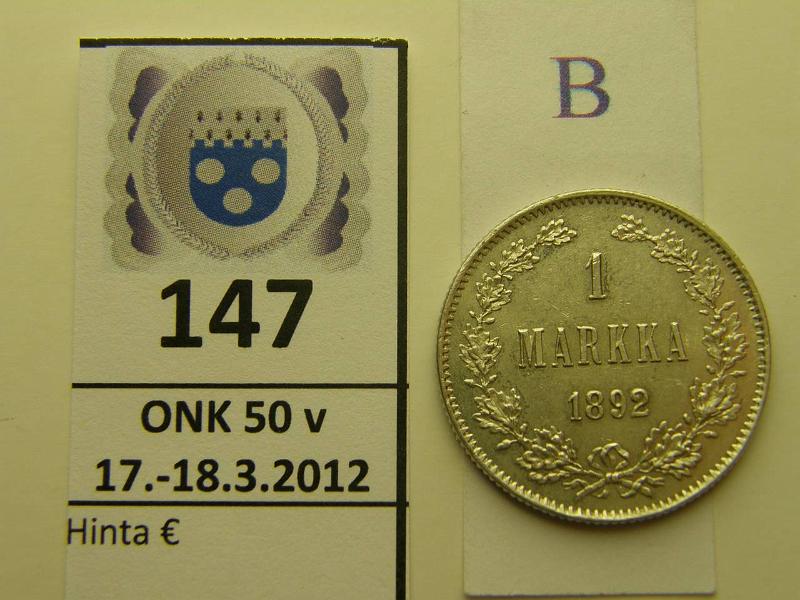 k-0147-b.jpg - Kohde 147 (kuva 2/2), lhthinta: 75 € / myyntihinta: 150 € 1 mk 1892 Ag, leimakiiltoa, kaunis!, kunto: 9/8