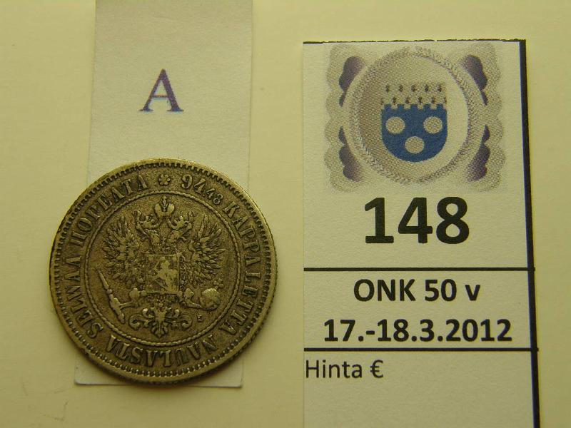 k-0148-a.jpg - Kohde 148 (kuva 1/2), lhthinta: 7 € / myyntihinta: 8 € 1 mk 1893 Ag, kunto: 4