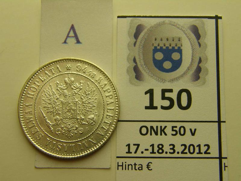 k-0150-a.jpg - Kohde 150 (kuva 1/2), lhthinta: 30 € / myyntihinta: 40 € 1 mk 1907 Ag, hnja, leimakiiltoa, kunto: 8