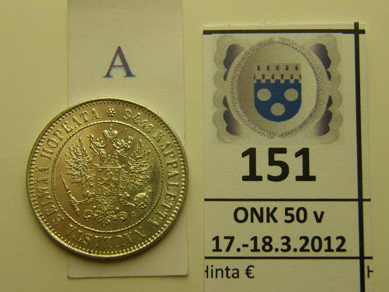 k-0151-a.jpg - Kohde 151 (kuva 1/2), lhthinta: 30 € / myyntihinta: 58 € 1 mk 1907 Ag, hnja, leimakiiltoa, kunto: 9/8