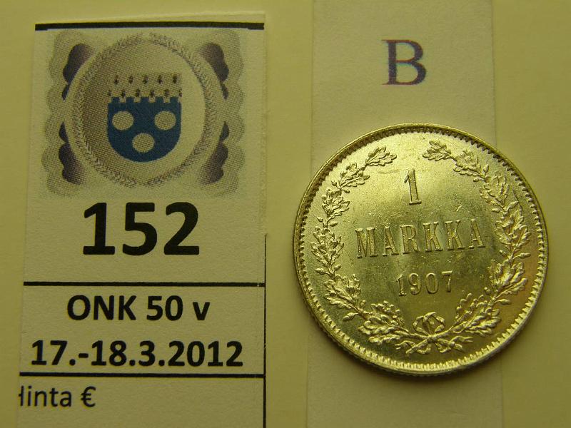 k-0152-b.jpg - Kohde 152 (kuva 2/2), lhthinta: 60 € / myyntihinta: 82 € 1 mk 1907 Ag, loistelias!, kunto: 9