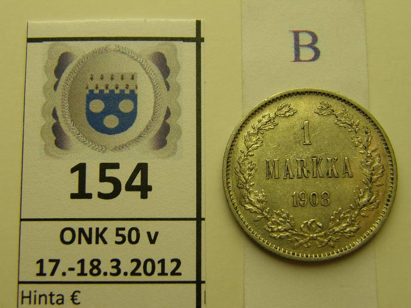 k-0154-b.jpg - Kohde 154 (kuva 2/2), lhthinta: 50 € 1 mk 1908 Ag, php, hnja, kunto: 8/7